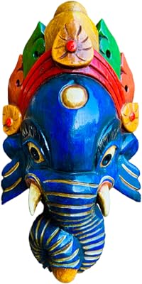 QT S Ganesh Antique Hand Crafted Wooden Wall Hanging 10 Inch Mask of Hindu God of LuckSuccess Ganesha shape of Elephant Head for Decorative Wall Hanging, Son of Lord Shiva Wooden Mask Handmade in