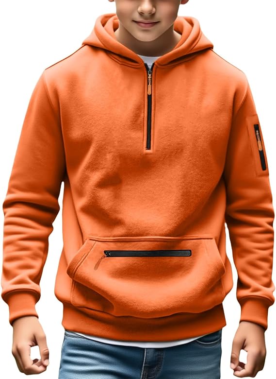 Teen Boys Hoodies Half Zip Hooded Pullover Kids Long Sleeve Athletic Sweatshirt Fall Winter Outdoor Fleece Warm Tops