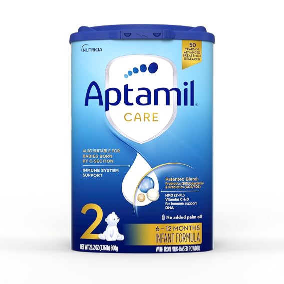 Aptamil Care Stage 2, Milk Based Powder Infant Formula for 6+ Months, Also for C-section born babies, with DHA & ARA, Omega 3 & 6, Prebiotics, Contains No Palm Oil, 28.2 Ounces, Packaging May Vary