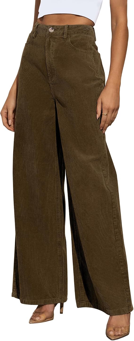 Corduroy High Waisted Wide Leg Pants for Women Dress Pants,Elastic Waist Casual Corduroy Straight Trousers