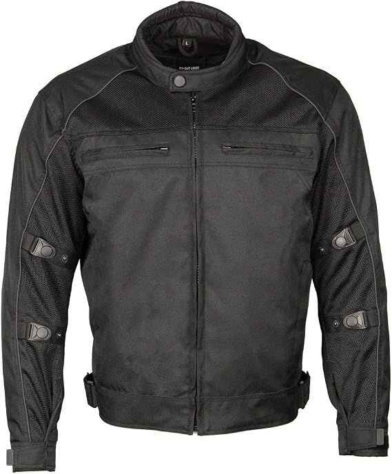M Boss Motorcycle Apparel BOS11703 Men's Black Nylon and Mesh Motorcycle Racer Riding Jacket with Reflective Piping