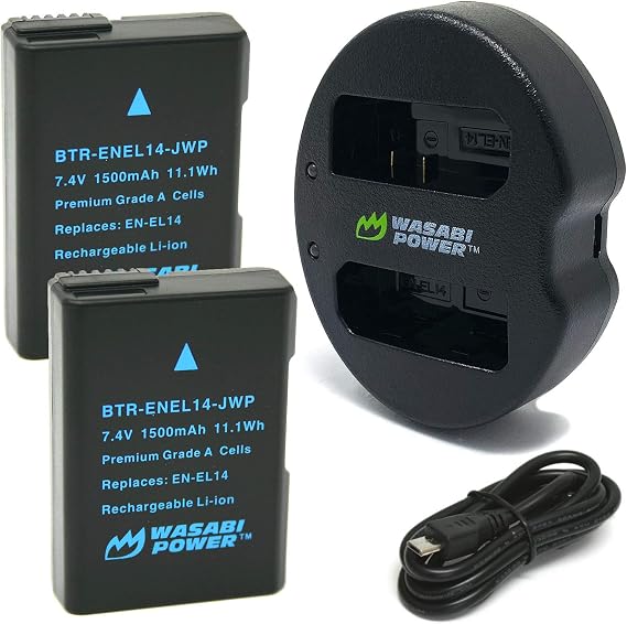 Wasabi Power Battery (2-Pack) & Dual Charger for Nikon EN-EL14, EN-EL14a & Nikon D3100, D3200, D3300, D3400, D3500, D5100, D5200, D5300, D5500, D5600, Df, Coolpix P7100, Coolpix P7700, Coolpix P7800