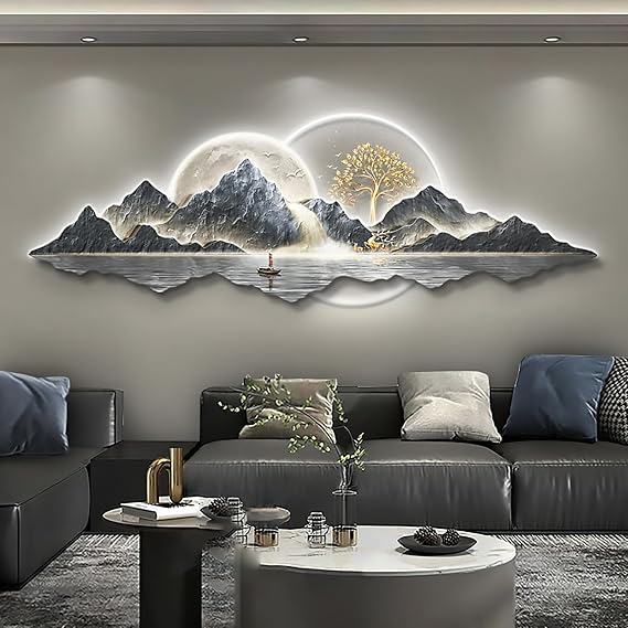 Large 3D Wall Art Decor - Handmade Wall Sculpture with LED Light, Traditional Chinese Pine Wall Hanging Painting for Home Decor