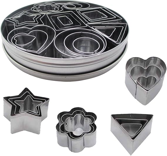 Gadgetime USA Stainless Steel Mini Cookie Cutter Set (24 pcs) - Geometric Shapes Biscuit Molds & Stamp - Round, Star, Triangle, Heart, Flower, Square, Rectangle & Oval