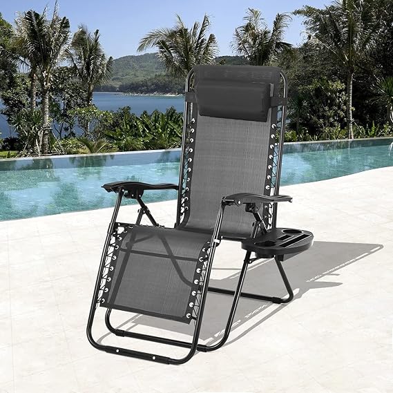 HHS Zero Gravity Chair Lawn Chairs Reclining Lounge Chairs for Outside Patio Outdoor Folding Chair Loungers Comfortable Beach Poolside Chaise with Removable Pillow, Black, 37 x 26 x 43 inches