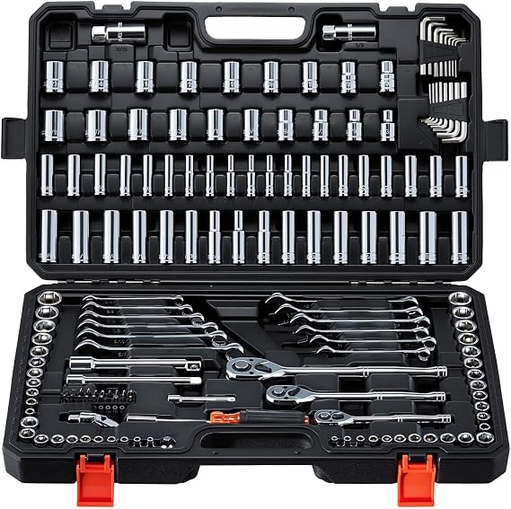 VEVOR Mechanics Tool Set, 159-Piece Mechanic Tool Kit, 1/4 in, 3/8 in, and 1/2 in Drive, SAE and Metric Socket Set, Wrenches, Screwdriver Bits, Accessories, and Storage Case, for Automotive Repair