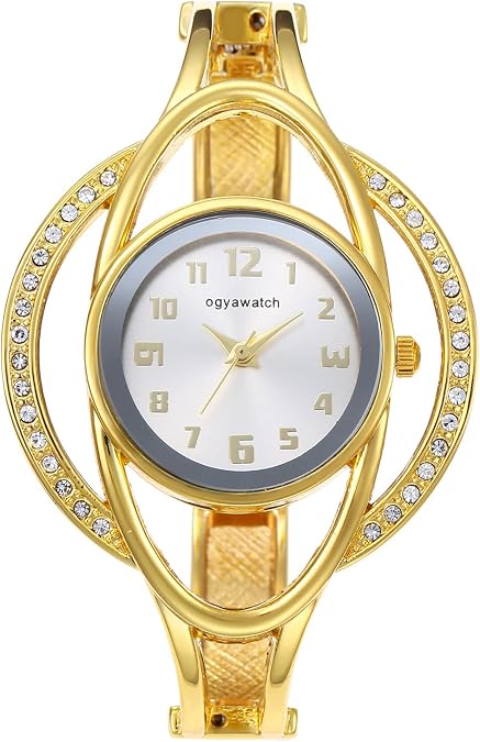 JewelryWe Bracelet Watches for Women: Stainless Steel Chunky Cuff Wrisrwatch - Analog Quartz Arabic Numerals Dial with Zircon Hollow Bezel Case - for Daily Office