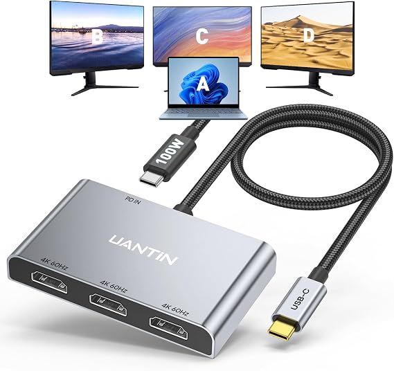 UANTIN USB C to 3 HDMI Adapter, 4K@60Hz HDMI Splitter Extended Display | MST Hub for Multi-Monitor, USB C to 3 Monitor with PD 100W, Windows Allows Display 4 Separate Screens, macOS Only Mirror Mode