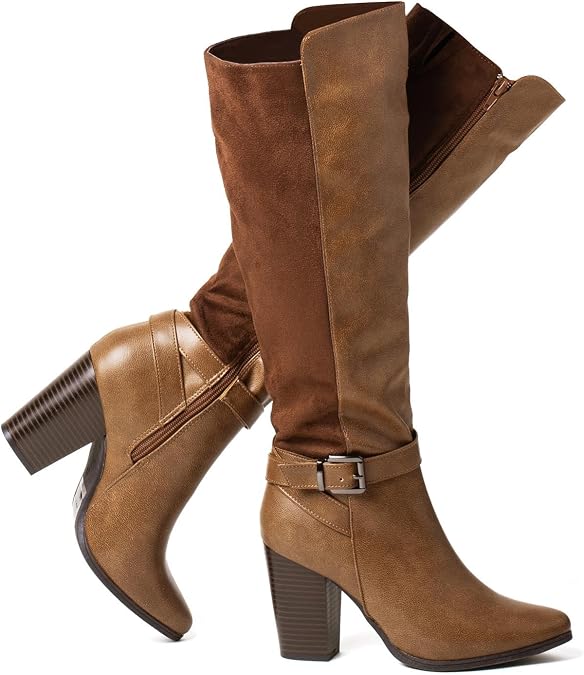 katliu Women's Heeled Knee High Boots Pointed Toe Dress Boots With Zipper | Chunky Heel Riding Boots With Buckle Decor,Faux Suede And Faux Leather Paneled Design,Fall Boots