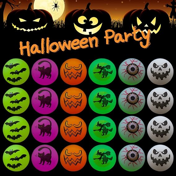 FINGOOO 24Pcs Halloween Bouncy Balls, Glow in the Dark Bouncing Ball for Kids Halloween Party Favors Non-Candy Halloween Treats Giveaways Classroom Rewards