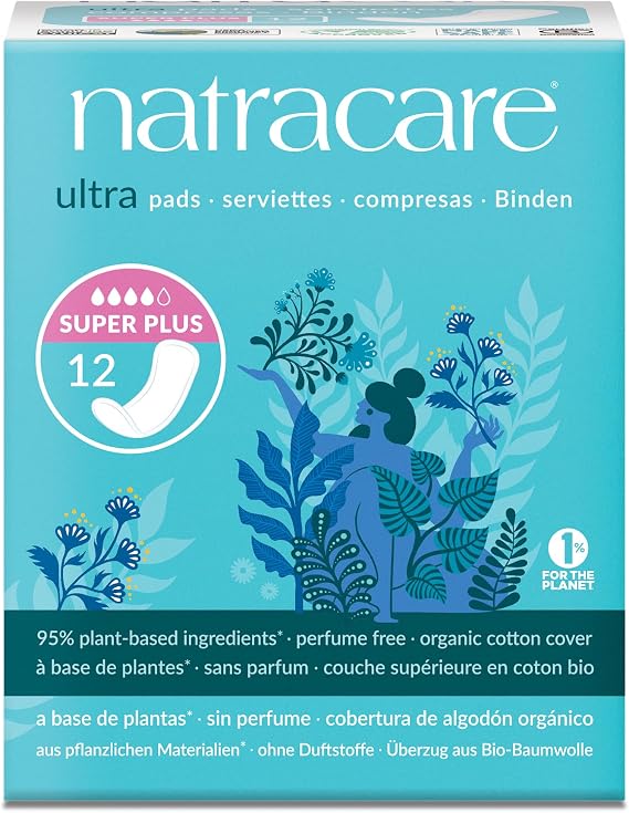 Natracare Slim Fitting Ultra Pads Without Wings, Super Plus, Made with Certified Organic Cotton, Ecologically Certified Cellulose Pulp and Plant Starch (1 Pack, 12 Pads Total)