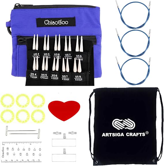 ChiaoGoo Twist Shorties Blue 2 & 3 Inch 7230-S Interchangeable Set | US 4, 5, 6, 7, 8, Circular Knitting Needles, Stainless Steel, Three X-Flex Blue Cables, Project Bag