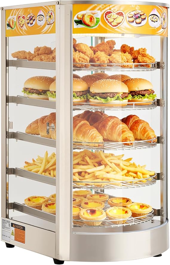 VEVOR 5-Tier Commercial Food Warmer Display, 800W Food Display Warmer with LED Light, Adjustable Shelf and Stainless Steel Frame, 86F~185F Air Heating, 60L for Hamburger, Pizza, Bread, Fried Chicken