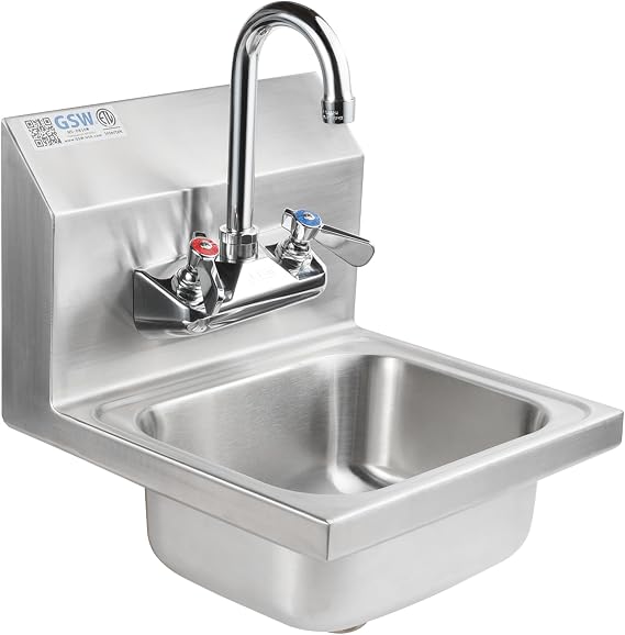GSW HS-0810W Mini 12" x 12" Commercial Stainless Steel Wall Mount Hand Sink with 4" Gooseneck Faucet for Restaurants, Kitchens, Garages, Bars