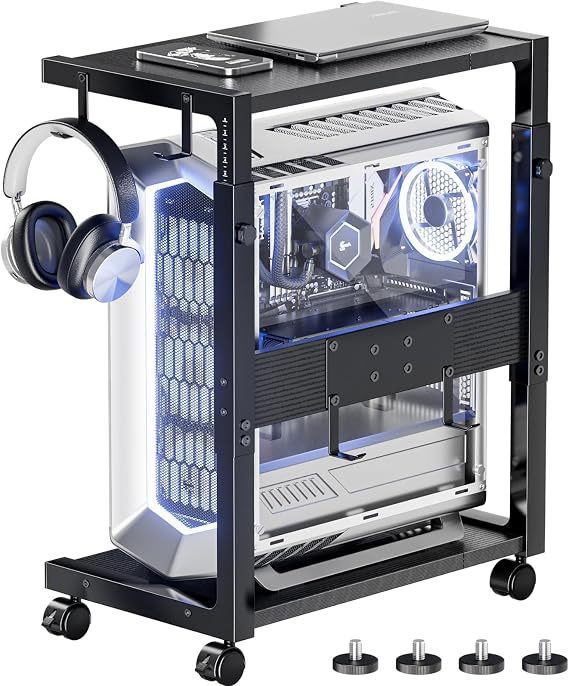 Adjustable Computer Tower Stand - 23.03"-28.3"H PC Holder Cart | 10-Level Height-Adjustable Fits Under Desk, 4 Swivel Casters 2 Lockable, 4 Leveling Feet, Sturdy for Home Office Gaming
