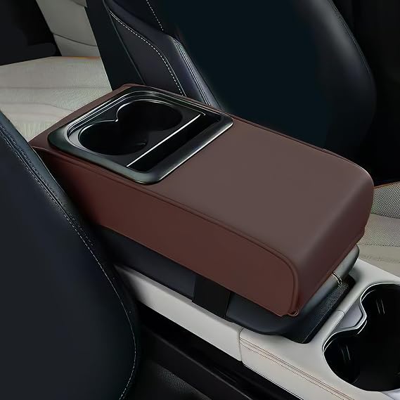 Car Center Console Armrest Pillow, 13.9"7.95" Leather Car Armrest Cover Cushion with Cup Holder & Phone Holder, Universal Memory Foam Middle Console Arm Rest Protector Cover (Coffee)