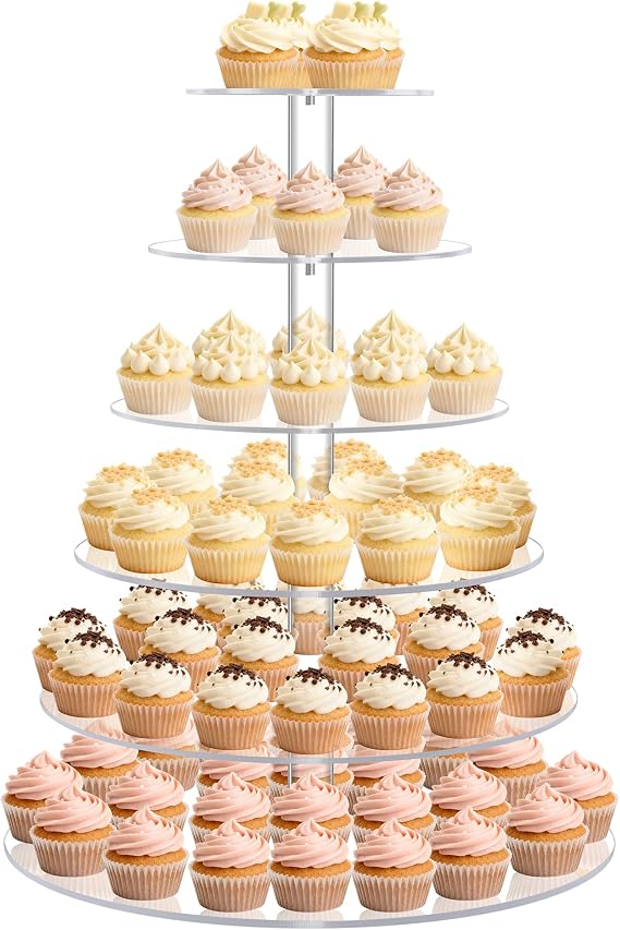 Cupcake Stand for 80 cupcakes, Acrylic, Large, Round, 6 Tier, Easy Assembly, Clear, for Wedding,Birthday, Party, Baby Shower