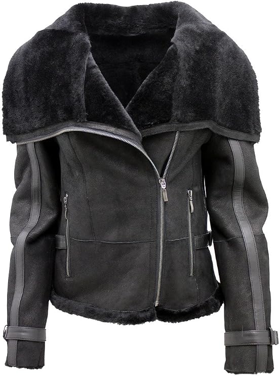 Women's Short Black Merino Sheepskin Aviator Leather Jacket