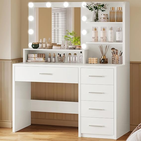 FIONESO Vanity Desk with Mirror and Lights, Makeup Vanity with 5 Drawers and 3 Storage Shelves, 3 Color Modes & Adjustable Brightness Dressing Table, Vanity for Girls, White