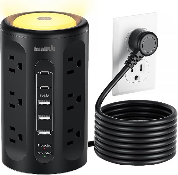 Power Strip with Night Light, Extension Cord with Multiple Outlets (12AC+3A+2C), 10 FT Desk Power Strip Tower Charging Station for Home, Office, College Dorm Essentials