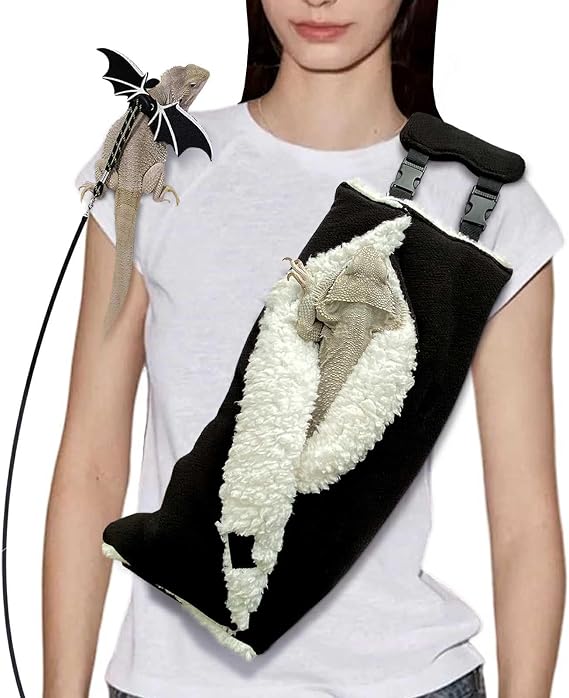 Adjustable Fluffy Bearded Dragon Sling Carrier Bag, Reptile Carrier with Leash Harness Lizard Cage Accessories for Small Animal, Ferrets, Squirrel, Hamsters,Parrot (Black)