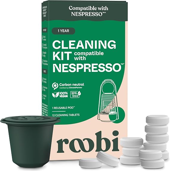 Roobi Cleaning Pods Compatible with Nespresso | Includes 1 Reusable Pod & 12 Cleaning Tablets, Specially Formulated for Originaline Machines, 1 Year Supply