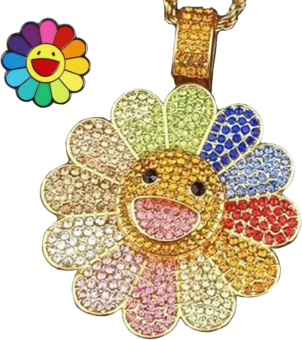 Sunflower Colorful Petal Smiley Face Necklace Takashi Murakami Inspirational Badge Brooch(Spinning,Set of 2)