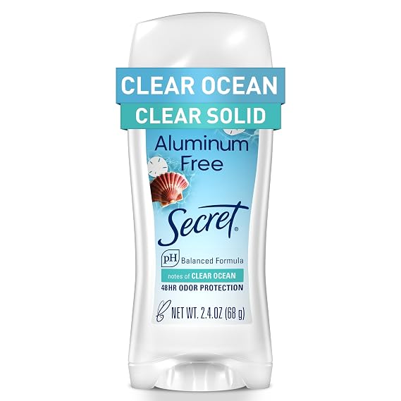Secret Aluminum Free Deodorant for Women, 48hr Odor Protection, Free of Parabens Dyes Talc & Baking Soda, PH Balancing Minerals, Clear Solid, Clear Ocean Scent, 2.4 oz