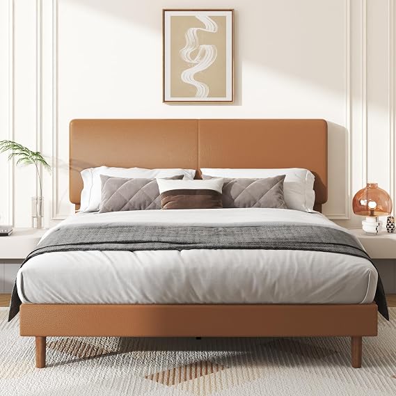 Queen Leather Platform Bed Frame with Adjustable Headboard Orange | Faux Leather Upholstered Platform Bed Frame, No Box Spring Needed, Noise-Free, Easy Assembly