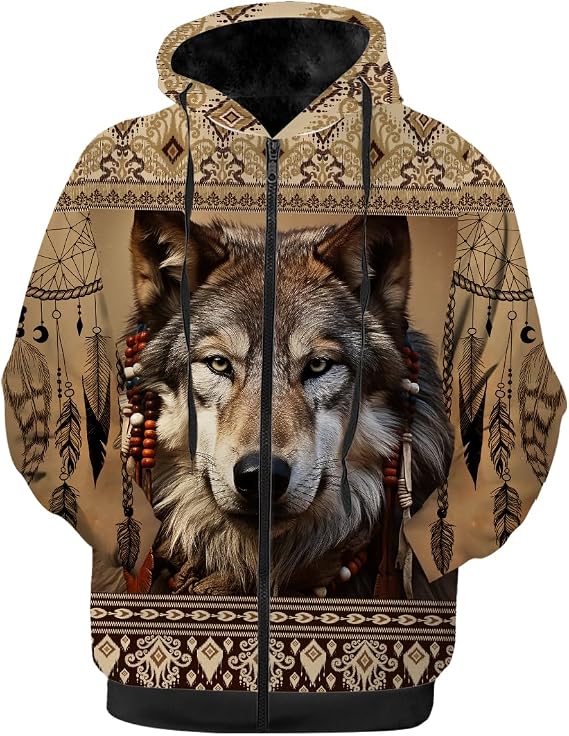 Wolf Women's Men's Winter Jacket,Black Fleece Lined Zip-up Hoodie Warm Sweatshirt Coat