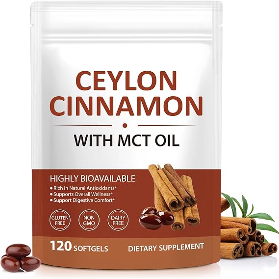 Ceylon Cinnamon Softgels with MCT Oil, Cinnamomum Verum Bark Extract | Cinnamon Supplements for Women & Men| Gluten-Free Non-GMO | Easy to Swallow | 120 Softgels