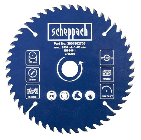 Scheppach Saw Blade for Plunge Saw Hand Circular Saw PL55 | Diameter 160 x 20 x 2.4 x 1.3 mm | 48 Teeth | Circular Saw Blade for Solid Wood, Laminate and Plastics | Plunge Saw Accessories Replacement