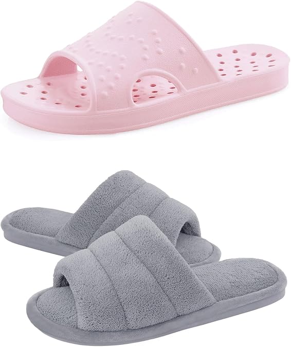 shevalues Women's Set of 2 Pairs - Shower Shoes for Women 8-9 Women / 6.5-7.5 Men- Terry Cloth Open Toe Slippers for Women9-9.5 Women/7.5-8 Men