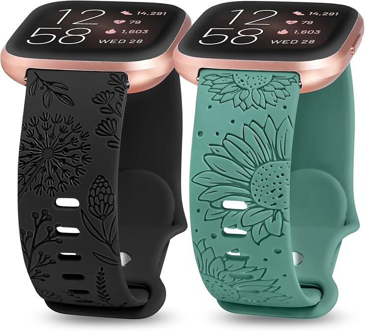 2 Packs Floral Engraved Band Compatible with Fitbit Versa 2/Fitbit Versa/Versa Lite Bands Women, Cute Soft Silicone Sunflower Dandelion Sport Designer Fancy Summer Strap for Versa 2 Smart Watch