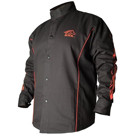 Revco Black Stallion (BX9C) BSX 9 oz Contoured Flame-Resistant Cotton Welding Jacket, Welder's Collar, Dual Scribe Pockets on Sleeves, Leather-Reinforced Snaps, Small, Black