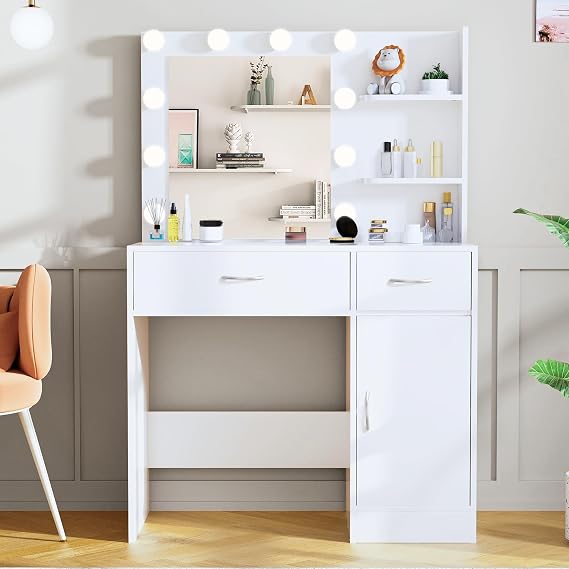 LIVELYGLOW 35.4" White Makeup Vanity Desk with 10 Hollywood Light Bulbs | Dimmable Lighting, Large Mirror, Storage Cabinet