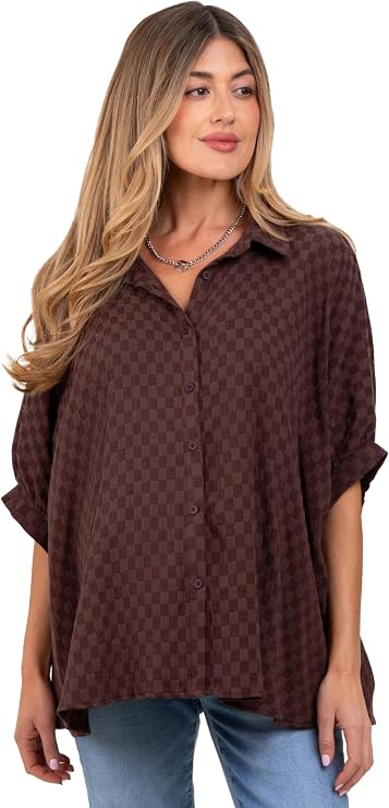 PinkBlush Checker Print Short Sleeve Oversized Maternity Blouse