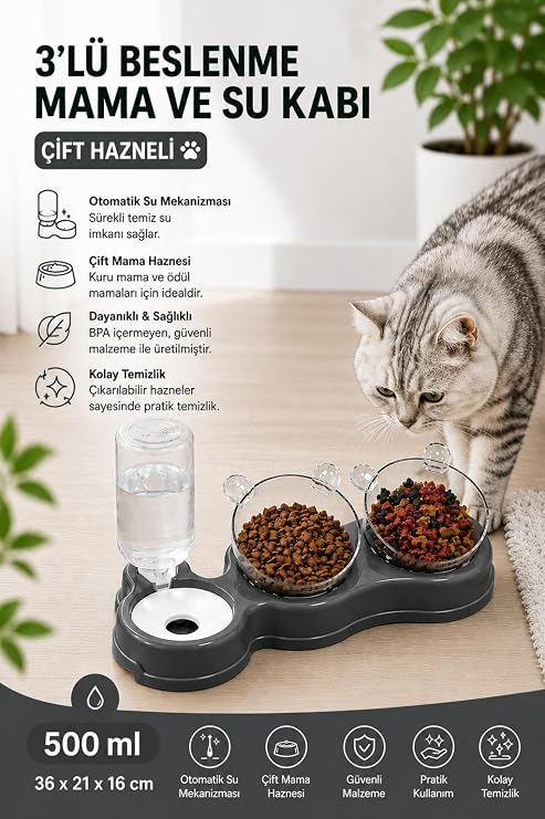 Çift Hazneli- 3' lü Beslenme Mama ve Su Kabı Gri 500 ml 36*21*16 cm