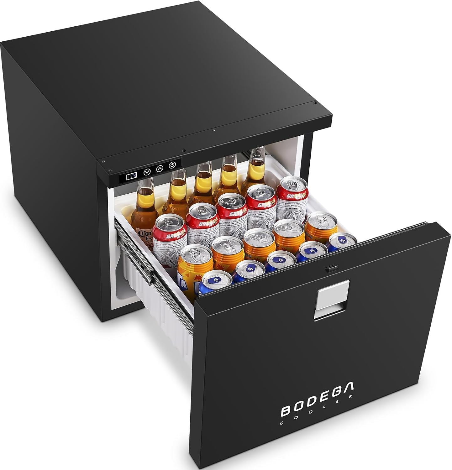 BODEGACOOLER Back Bar Cooler with 2 Doors Under Counter ,7.4cu.ft Glass Door Bar Refrigerator with LED Lighting,Black Bar Cooler,Built-In or Under Counter Freestanding Hold 68 bottles or 220 cans