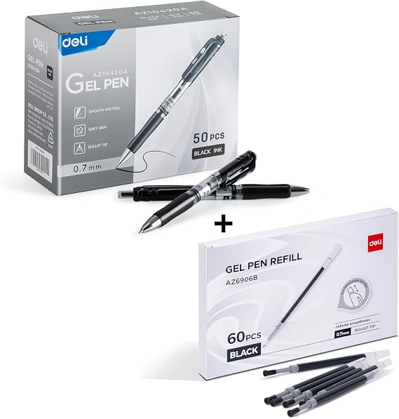 deli Gel Pens, 50 Pcs Retractable Pens Black Ink,60 Pcs Retractable Pen Refills 0.7mm