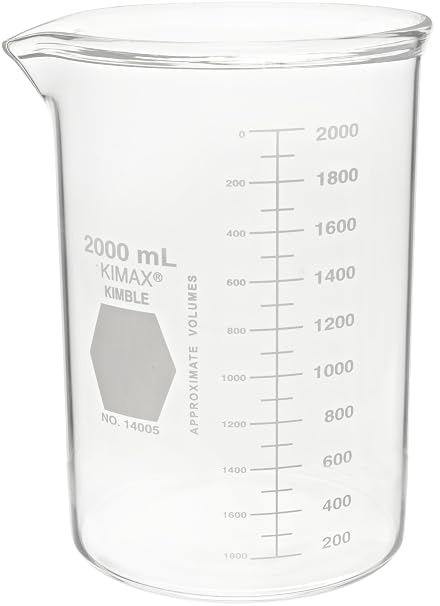 Kimax 14005-2000 Glass Heavy-Duty Low Form Beaker with Double Capacity Scale, 200-1800mL Graduation Interval, 2000mL Capacity, 200mL Graduation, White (Pack of 4)