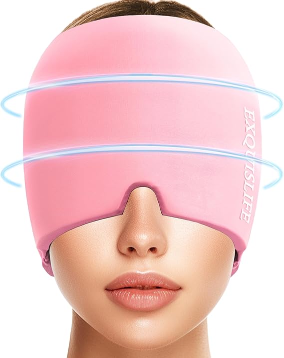 EXQUISLIFE Migraine Ice Head Wrap Cap Headache Relief Hat Hot and Cold Therapy Eyes Mask for Sinus Tension and Stress Relief (Pink)
