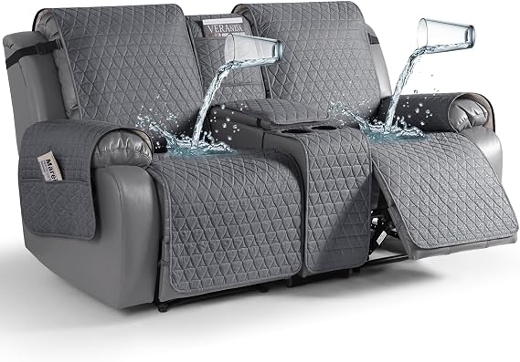 TAOCOCO 100% Waterproof Loveseat Recliner Covers with Console, Non Slip Recliner Covers that Stay in Place, Split Seat Design Washable Reclining Loveseat Cover with Elastic Straps, Dark Gray