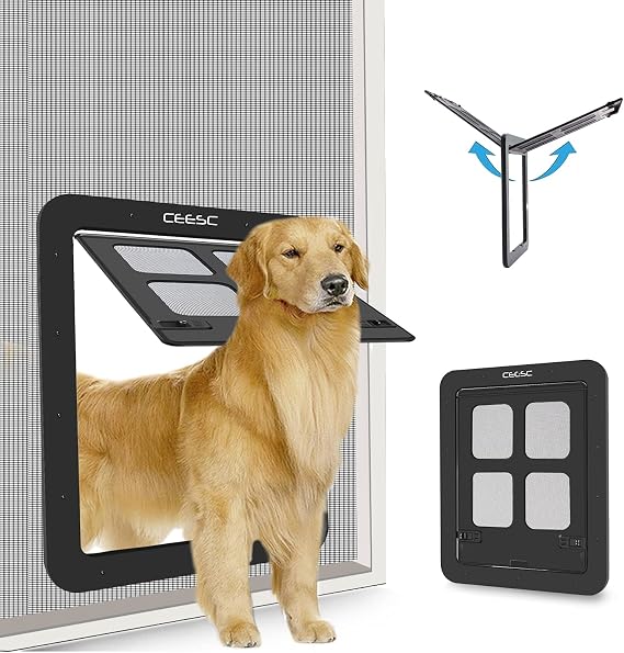 CEESC Dog Screen Door (Outer Size 14.56" x 16.92"), Lockable Pet Screen Door for Dogs & Doggie, Doggie Door for Screen Door(Large, Black)