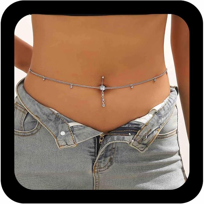 Silver Rhinestone Body Chain Sexy Belly Button Ring with Waist Chain Shiny Crystal Navel Ring Dangling Belly Chain Beach Bikini Body Chain CZ Body Piercing Jewelry for Women