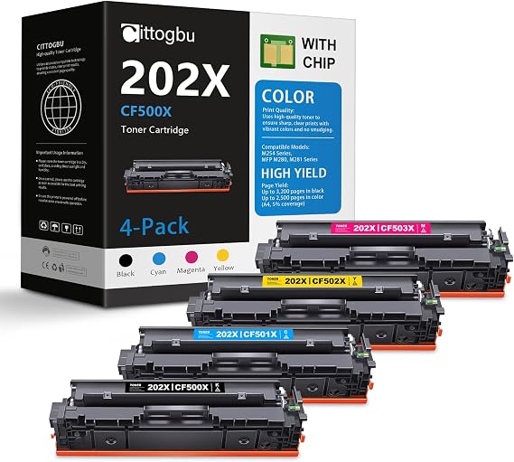 202X Toner Cartridges 4-Pack (BK/C/M/Y) High-Yield Replacement for HP 202X Toner & 202X Ink, Compatible with Pro M254 Series, Pro MFP M281 Series M280nw Printer (CF500X, CF501X, CF502X, CF503X)