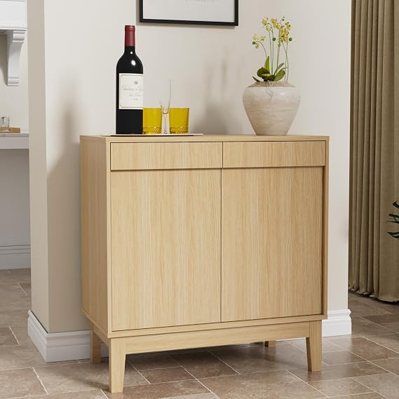32'' Small Sideboard Buffet with Doors, Modern Storage Cabinet, Natural Oak