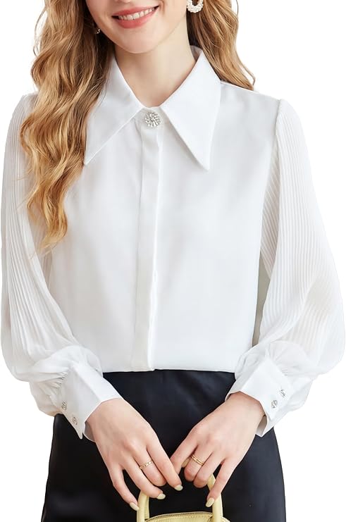 LAI MENG FIVE CATS Women's Fashion Shirt V Neck Lantern Sleeve Elegant Blouse Casual Button Tops