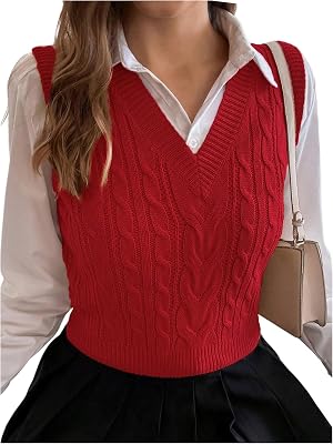 Milumia Womens Cable Knit V Neck Sweater Vest Sleeveless Ribbed Crop Tank Top