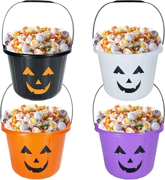 4 Pack Halloween Trick or Treat Pumpkin Bucket Jack O Lantern Candy Basket Halloween Party Supplies Pumpkin Pails with Handle (4 Color)